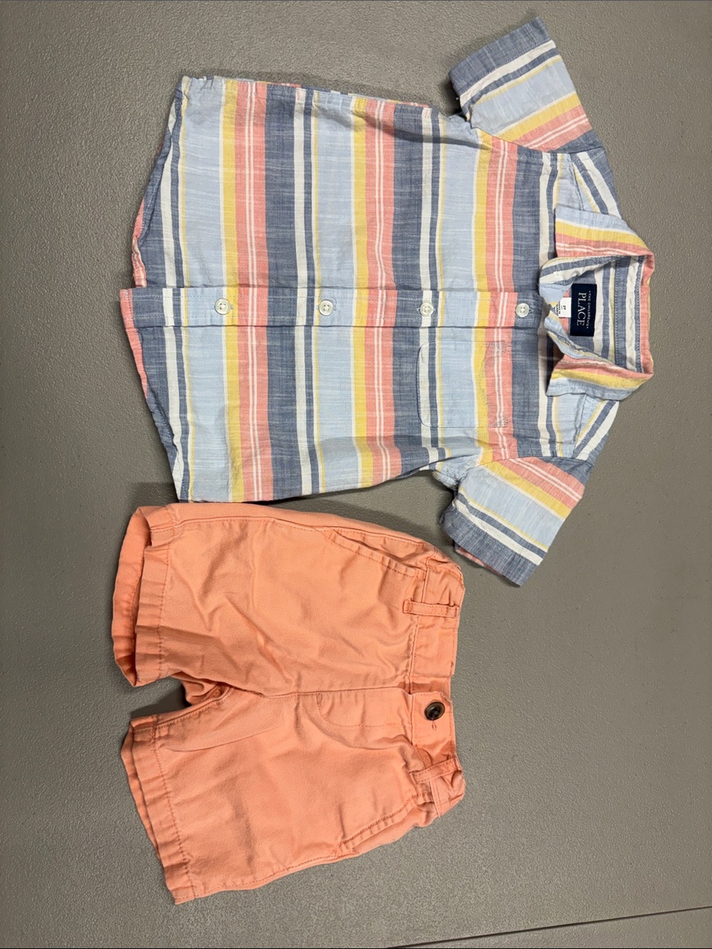 The Children's Place Blue Stripe Button-Up Shirt with Coral Shorts
